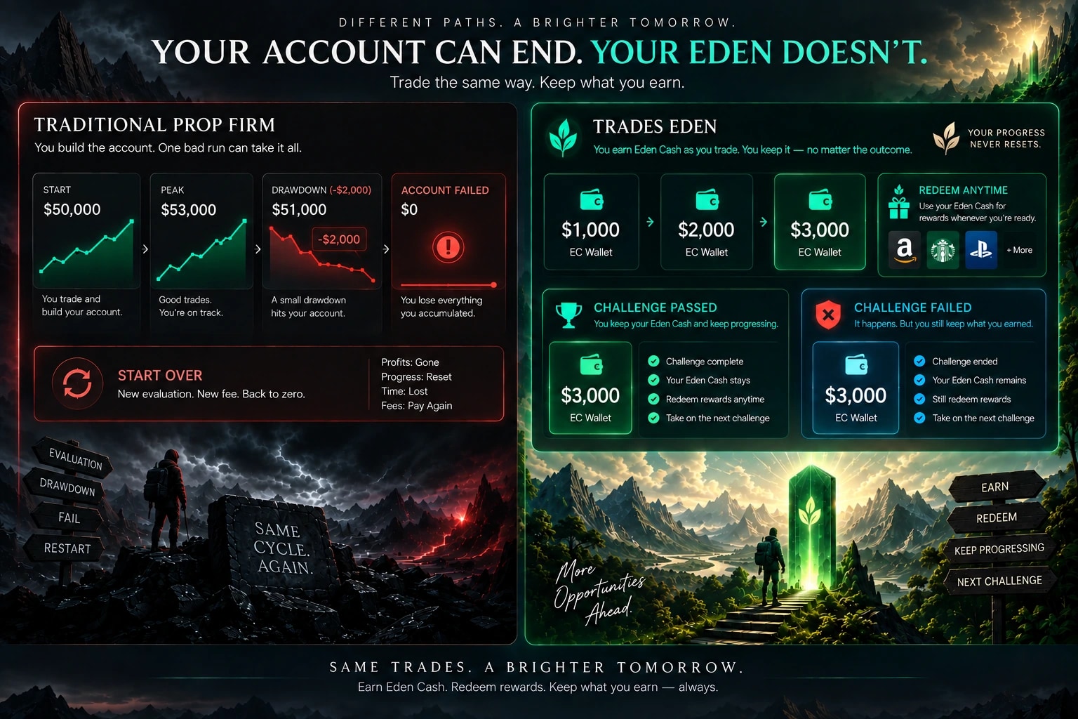 Split comparison: traditional prop firm account grows then fails to zero after drawdown versus Trades Eden where Eden Cash earned along the way remains after challenge pass or fail